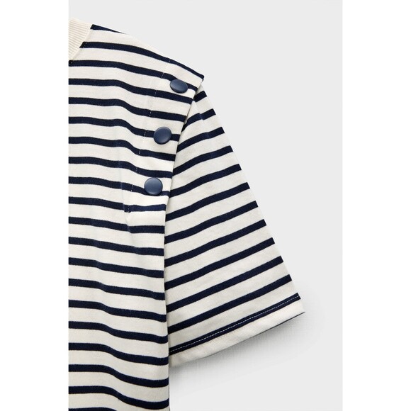 Zara Navy and Cream Striped Snap Button Shoulder Short Sleeve Shirt (NWT) - Picture 2 of 4